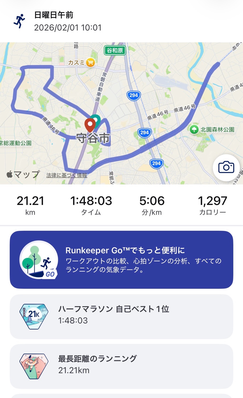 守谷ハーフマラソンのRunkeeper画面 21.21km 1:48:03