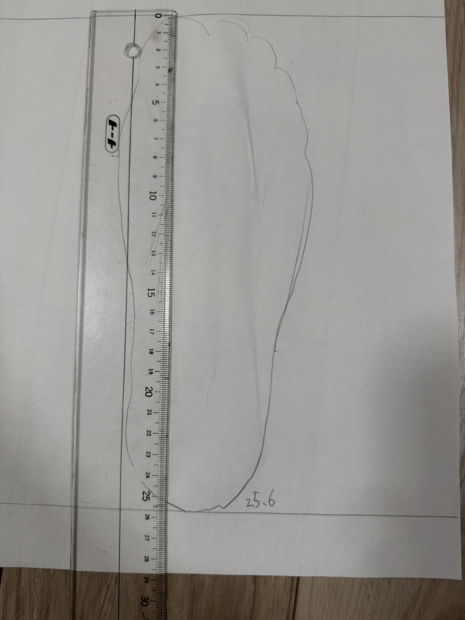 定規で足長を測定する写真・自宅で256mm